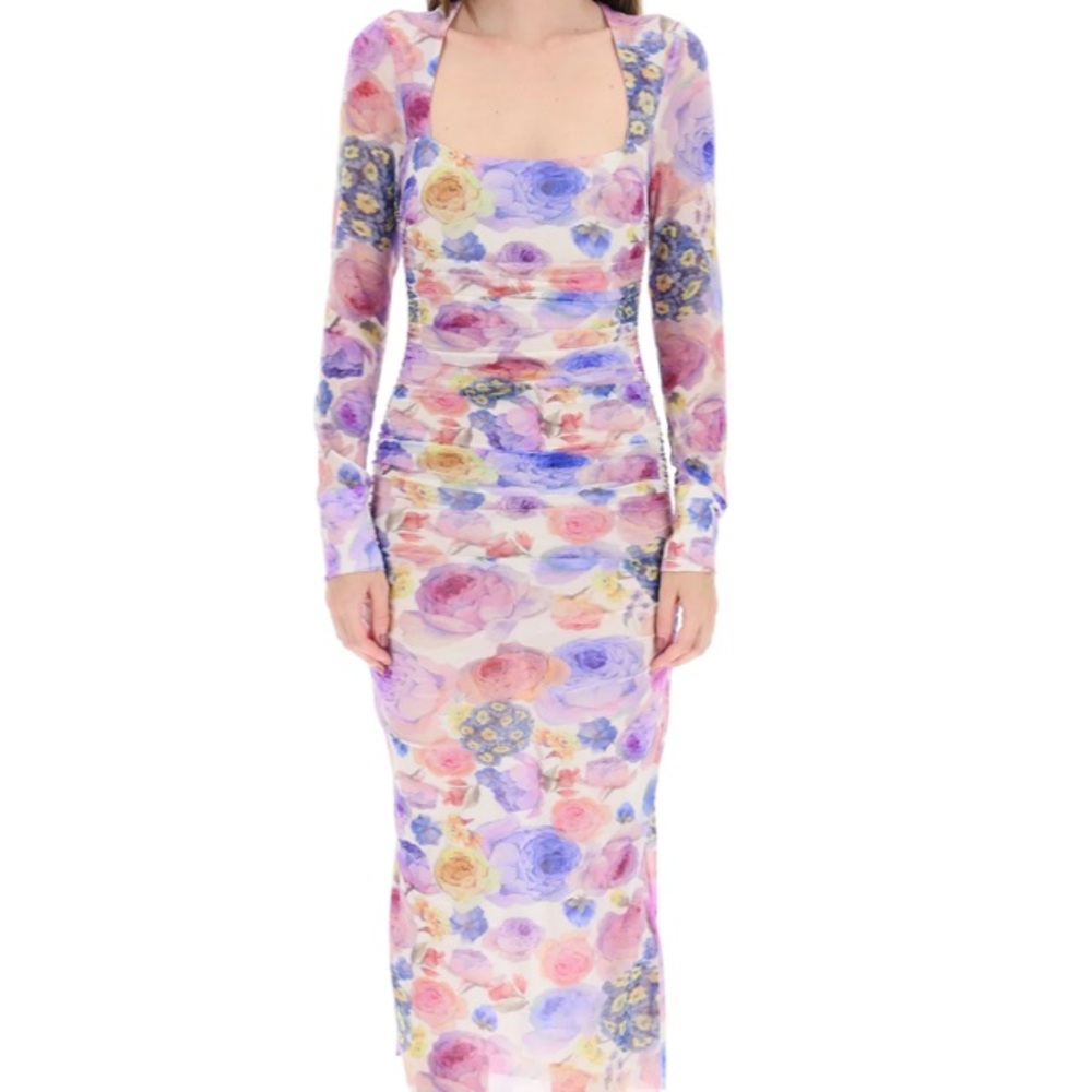 LIKE NEW Ganni Floral Print Ruched Midi Dress size Small Pink Purple Blue